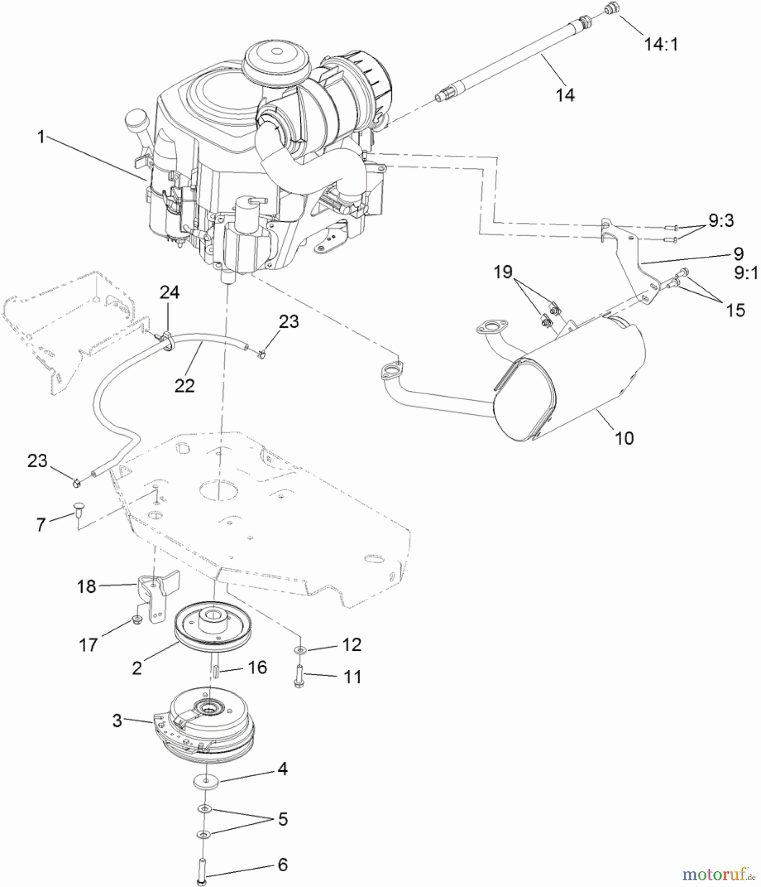  Zerto-Turn Mäher 74923TE - Toro Z Master G3 Riding Mower, 132cm TURBO FORCE Side Discharge Deck (SN: 311000001 - 311999999) (2011) ENGINE, MUFFLER AND CLUTCH ASSEMBLY