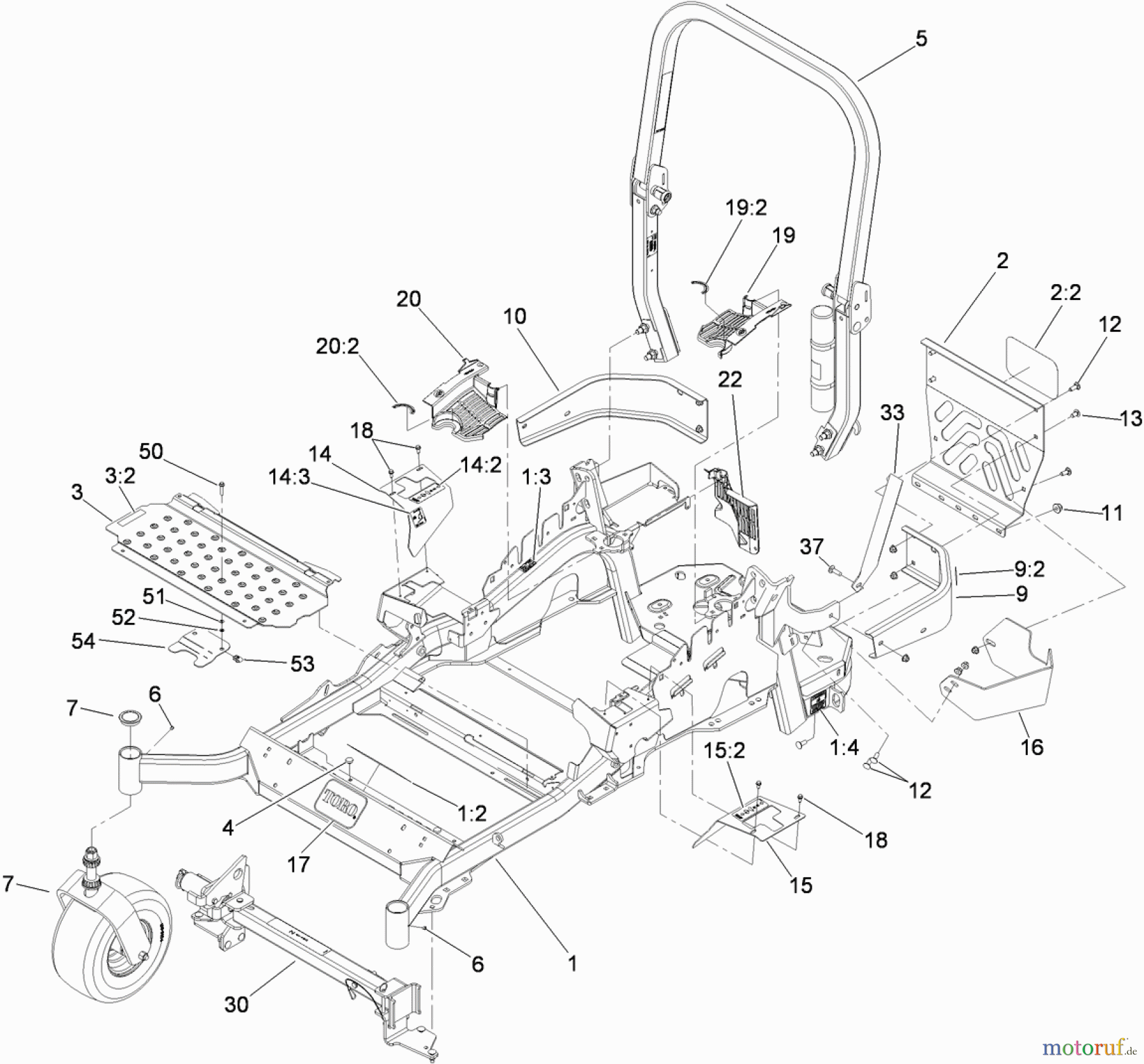  Zerto-Turn Mäher 74925TE - Toro Z Master G3 Riding Mower, 152cm TURBO FORCE Side Discharge Deck (SN: 310000001 - 310999999) (2010) FRONT FRAME AND CASTER WHEEL ASSEMBLY