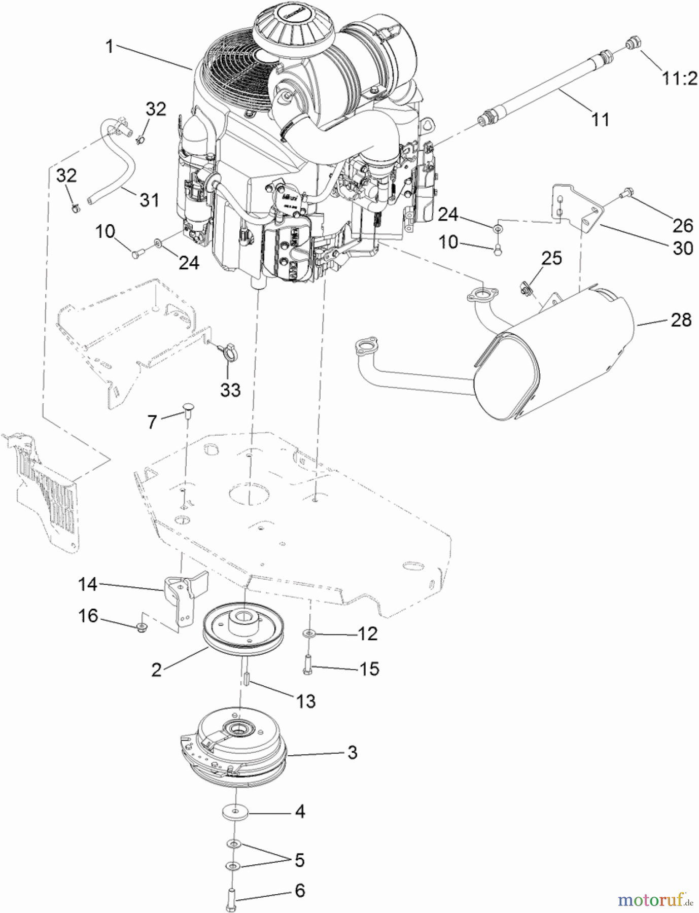  Zerto-Turn Mäher 74925TE - Toro Z Master G3 Riding Mower, 152cm TURBO FORCE Side Discharge Deck (SN: 311000001 - 311999999) (2011) ENGINE, MUFFLER AND CLUTCH ASSEMBLY