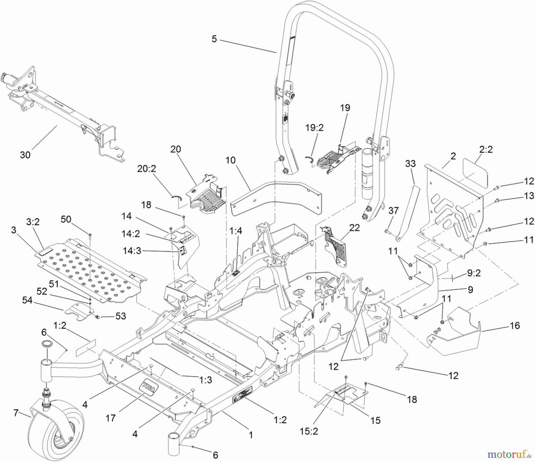  Zerto-Turn Mäher 74925TE - Toro Z Master G3 Riding Mower, 152cm TURBO FORCE Side Discharge Deck (SN: 311000001 - 311999999) (2011) FRONT FRAME, CASTER WHEEL AND Z STAND ASSEMBLY